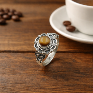 Natural <b>Tiger</b> <b>Eye</b> Gemstone 925 Sterling Silver Handmade Floral Vintage <b>Ring</b> Boho Statement Jewelry Gift Women Anniversary gift - Product Image 1