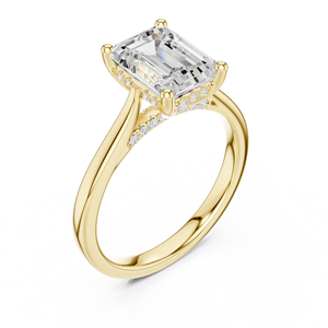 Bague de fiançailles et de mariage solitaire en or avec halo taille émeraude, pierres latérales rondes accentuées, pour femme, monture à griffes - Product Image 5