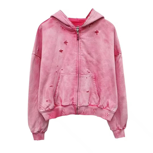 เสื้อฮู้ดครอปซิปแบบโอเวอร์ไซส์สีชมพู ลายไท-ได ผ้าฝ้ายเฟรนช์เทอร์รี่ แขนปกติ ใส่ได้ทั้งชายและหญิง ระบายอากาศได้ดี มีกระเป๋า เหมาะสำหรับฤดูใบไม้ผลิ - Product Image 3
