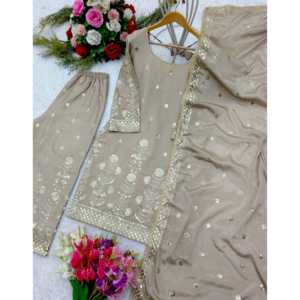 Conjunto de Fiesta Beige para Mujer de Diseñador WW, Talla M, Top Elegante, Pantalones Palazzo, Hermosa Dupatta - Product Image 3