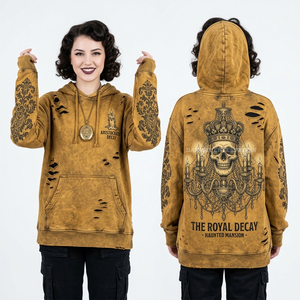 Sweat-shirt de luxe vintage Ocre 500GSM pour femme, avec motif graphique Tête de mort Lustre Aristocratic Decay et impression sur manches effet damassé vieilli - Product Image 1