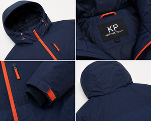 Veste matelassée à capuche pour homme, bleu marine uni avec fermeture éclair orange, imperméable, style sportif d'hiver, coupe régulière, coque en polyester - Product Image 3