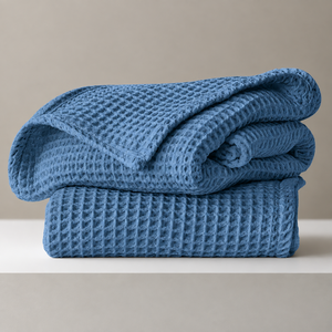 Blue <b>Waffle</b> Knit Throw Blanket Cotton Linen Bedding Modern Solid All-Season Modern Style Eco-Friendly Breathable - Product Image 1