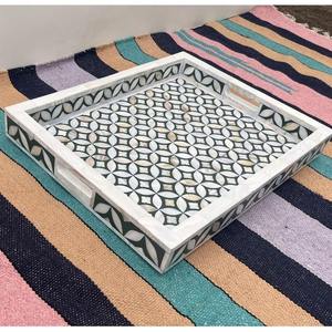 Plateau de service rectangulaire en bois fait main avec incrustations en os, plateau de rangement décoratif, plateau de mosaïque pour table basse, ottoman, petit-déjeuner et café - Product Image 3