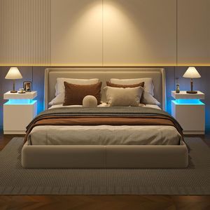 Modern 15-Inch LED Nightstands Set of 2 <b>High</b> Gloss Surface <b>Bedside</b> <b>Table</b> with End <b>Table</b> Nightstand Set - Product Image 3