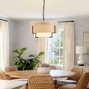 Lustre de salle à manger 4 lumières style Farmhouse Boho 19.7, suspension en rotin tressé à la main avec abat-jour en tissu, design tambour rustique - Product Image 4