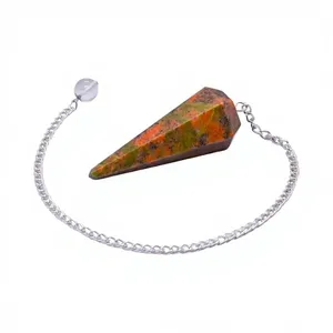 Péndulo de Cristal de Unakita Natural con Cadena Plateada, Péndulo de Radiestesia de Piedra Preciosa Verde Rosa Facetada, Venta al por Mayor - Product Image 3