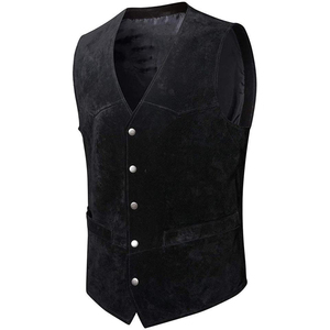 Chaleco de terciopelo negro para hombre, cuello en V, cierre de botón de una sola fila, ropa exterior informal, corte regular, color sólido para otoño - Product Image 1