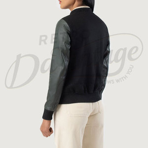 Women Black Wool and Real <b>Leather</b> Varsity <b>Jacket</b> Slim Fit Letterman Bomber Coat Premium <b>Leather</b> Sleeves Winter Outerwear - Product Image 2