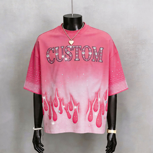 T-shirt personnalisé en coton doux et respirant avec strass et imprimé numérique, effet délavé à l'acide, nouveau design tendance, coupe oversize étoile - Product Image 3