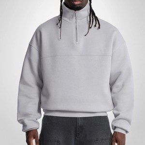 Sweat-shirt gris à col zippé personnalisé avec logo pour homme, en molleton épais 450 g/m², coupe oversize à épaules tombantes, type pull ou à capuche - Product Image 5