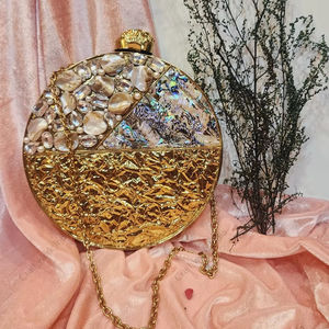 Pochette de soirée de luxe artisanale en mosaïque de nacre avec cadre doré, sac à main de mariée pour femme - Product Image 1