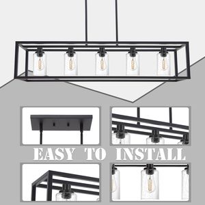 Lampadario a sospensione lineare rettangolare nero a 5 luci per sala da pranzo, isola cucina, illuminazione per tavolo e lampade a sospensione - Product Image 4