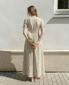 เสื้อผ้าแฟชั่นมาแรงปี 2023 เสื้อผ้าผู้หญิงสไตล์โบโฮ ผ้าลินิน คอวี ติดกระดุม ชุดเดรสทรงเอไลน์ยาวปานกลาง ชุดเดรสผ้าลินินติดกระดุมด้านหน้าสำหรับผู้หญิง - Product Image 1
