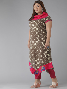 Women's Plus Size Brown Cotton Geometrical Printed A-line <b>Kurti</b> Featuring Cowl Neck And Comfortable Short Sleeves - Product Image 2