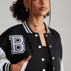 Blank Wholesale Womens Black <b>White</b> Varsity <b>Jacket</b> Full Sleeve Button Up Turn Down Collar <b>Short</b> Length Autumn Casual Apparel ODM - Product Image 6