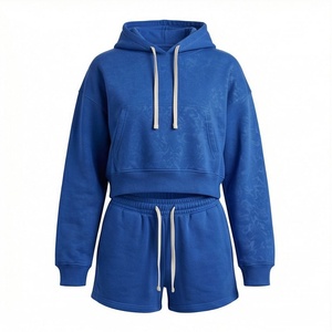 Conjunto Deportivo de 2 Piezas para Mujer, Sudadera con Capucha Azul y Pantalones Cortos, Corte Holgado Informal, Felpa, Color Sólido, por Encima de la Rodilla - Product Image 1