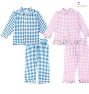 ชุดนอนเด็กผู้หญิงลายตารางสีเหลือง ฟ้า ชมพู แขนยาว 2 ชิ้น พร้อมขอบระบาย - Product Image 1
