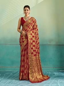 Indian Silk <b>Saree</b> With Zari Work And Peacock And Elephant Design - Product Image 1