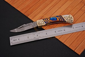 Couteau pliant artisanal en acier Damas, manche en bois, couteau de poche, couteau de camping, de chasse, EDC, avec étui en cuir - Product Image 3