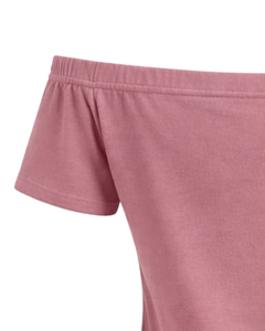 T-shirt femme rose poudré à épaules dénudées, manches courtes, coupe ajustée, décontracté, été, en coton doux, fabrication OEM personnalisée - Product Image 5