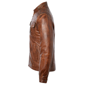 Veste en cuir marron vieilli style Café Racer avec quatre poches avant, fermetures éclair en laiton et doublure à carreaux - Micah Corporation - Product Image 3