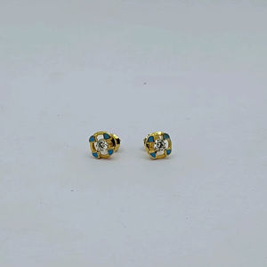 Classic 22K Gold Square Design <b>Stud</b> <b>Earrings</b> with <b>Blue</b> Enamel and Crystal Center Elegant Designer Jewelry for Women - Product Image 1