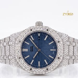 Montre mécanique de luxe bicolore en acier inoxydable avec diamants Moissanite, cadran bleu, mouvement ETA, résistante à l'eau, unisexe - Product Image 1
