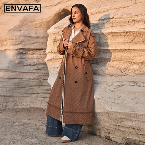 ENVAFA <b>Women</b> Long Trench <b>Coat</b> Woven Breathable <b>Double</b> <b>Breasted</b> Turn-down Collar Casual Autumn Outerwear Solid Color Full Sleeve - Product Image 4