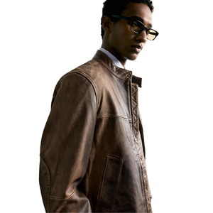 Blouson Homme Vintage Marron en Cuir Véritable avec Fermeture Éclair, Col Montant à Boutons Pression, Poche Poitrine, Coupe Ajustée, Style Streetwear Personnalisé - Product Image 4