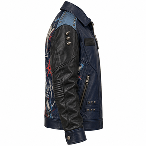Chaqueta de cuero azul para hombre, estilo rock, con gráficos de zorro, con tachuelas, estilo motero, cuello de solapa, proveedor mayorista de fábrica OEM ODM personalizado - Product Image 3