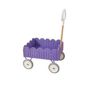 Chariot à jouets pour enfants en rotin naturel rustique, intégré avec panier de rangement ouvert et roues en bois, parfait pour les enfants. - Product Image 3