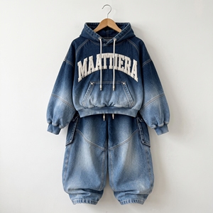 <b>Womens</b> Blue Ombre Washed Denim <b>Cargo</b> Tracksuit Oversized Hoodie <b>Baggy</b> Wide Leg <b>Pants</b> Streetwear Custom OEM ODM Wholesale Supplie - Product Image 4