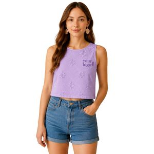 Top Corto Morado Lavanda con Bordado Floral para Mujer, Chaleco de Verano sin Mangas de Algodón, Top Casual de Moda Urbana con Logotipo Personalizado - Product Image 1