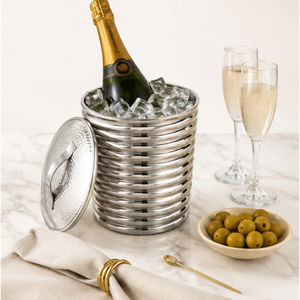 Seau à glace moderne de luxe en acier inoxydable côtelé avec couvercle martelé, refroidisseur à vin et à champagne à double paroi pour la maison - Product Image 6