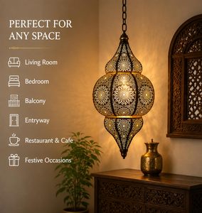 Lanterne suspendue en fer marocain vintage dorée |   Lustre suspendu artisanal écologique pour la décoration de la maison |   Antique - Product Image 3