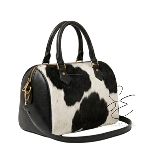 Vintage Leather and Cowhide Duffel <b>Purse</b> Handmade Weekend Bag for Women Hair On Hide Black Speedy Bag Medium Size <b>Purse</b> - Product Image 2