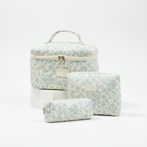 Grande trousse de maquillage matelassée en coton écologique, pochette de beauté géométrique tendance avec fermeture éclair, sacs cosmétiques de voyage personnalisés - Product Image 1