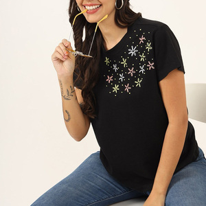 Camiseta de Algodón Negra para Mujer, Cuello Redondo, Manga Corta, Bordado Floral, Corte Holgado, Informal, Primavera Verano - Product Image 6