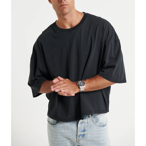 Camiseta de algodón grueso personalizada al por mayor para hombre, cuello grueso, blanca lisa, corte holgado, camiseta básica negra - Product Image 4