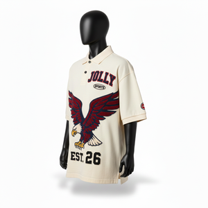 Polo en jersey de coton épais 220 GSM pour homme, crème, rouge, bleu marine, avec motif aigle, logo personnalisé par transfert thermique, coupe ajustée, évacuation de l'humidité - Product Image 4