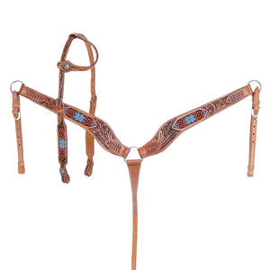 Spirit Star Teal Orange Beaded One Ear Headstall Breast Collar and Reins Western Horse Tack Set Premium Handmade Genuine Leather - Product Image 1