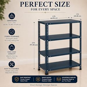 Étagère de rangement métallique à quatre niveaux, style industriel, réglable en hauteur, bleue, sur pied, pour l'organisation des articles divers dans le salon - Product Image 2