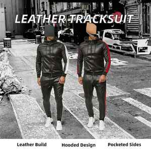 Conjunto de dos piezas personalizado de talla grande: Chaqueta cortavientos de cuero con cremallera y chándal estilo urbano para motocicleta al aire libre, cortavientos con capucha - Product Image 3