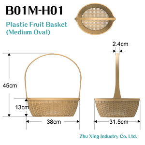 Cesta de Frutas Ovalada de Mimbre de Bambú y Plástico PP Ecológica, Color Marrón Claro, 38*31.5*45cm, Asa Larga, Ligera, Apilable, Impermeable - Product Image 3