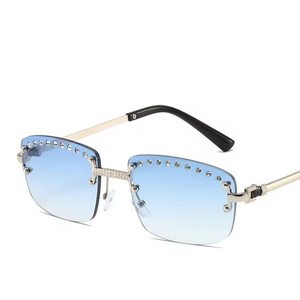 Gafas de Sol Unisex de Moda 2024, Vintage, Pequeñas, Cuadradas, Sin Montura, Lentes de PC UV400 Azul Verde, Polígono Gris Degradado, Diamante, Lujo, Hip - Product Image 3