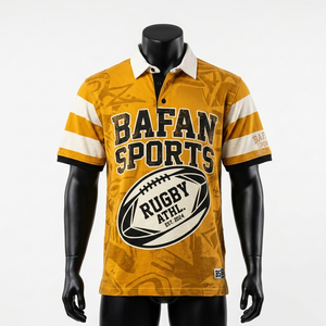 เสื้อโปโลรักบี้ชาย โพลีเอสเตอร์ อินเตอร์ล็อค สีเหลืองมัสตาร์ด แขนเสื้อมีแถบลายพิมพ์โลโก้ เสื้อโปโลรักบี้ชาย - Product Image 5