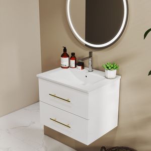 Mobile Bagno Sospeso da 24 Pollici con Doppio Cassetto, Facile da Montare, Lavabo in Ceramica, Maniglia Lunga in Metallo Dorato, 2 Lavabi - Doppio Cassetto - Product Image 2