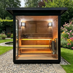 Sauna Exterior de Madera Sólida de Cedro Rojo para 4 Personas con Vidrio Resistente a Altas Temperaturas y Espejo, Estufa Harvia Spring - Product Image 1