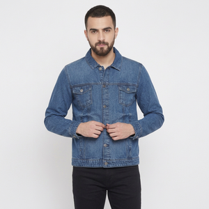 Blouson Bomber en Jean pour Homme, Col Rabattu Décontracté, Coupe Droite, Coton Bleu Délavé, Respirant, Boutons Pression, Style Automne - Product Image 2